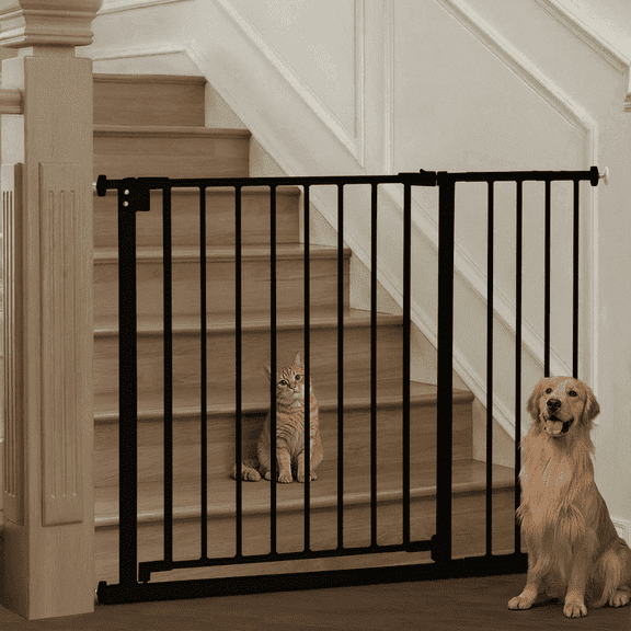 Pet Gate, Domipet 29.5"-43.3" Extra Wide Safety Pet Gate for Stairs Doorways, Top of Stairs, Black