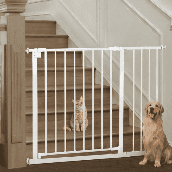 Pet Gate, Domipet 29.5"-43.3" Extra Wide Safety Pet Gate for Stairs Doorways, Top of Stairs, White