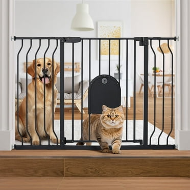 Caveen 29.5-48.4" Wide Pet Safety Gate with Cat Door Pressure Mount, Black