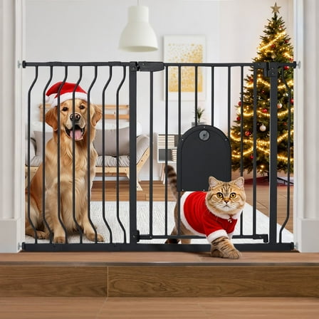 Caveen 29.5-48.4" Wide Pet Safety Gate with Cat Door Pressure Mount, Black