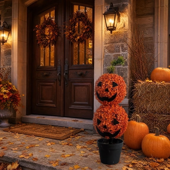 29.5" Halloween Artificial Pumpkin Topiary Tree,Artificial Pumpkin Topiary Ball Tree,Lantern Face Potted Fall Topiary with Striped Bow,Home Decor for Halloween Thanksgiving Party