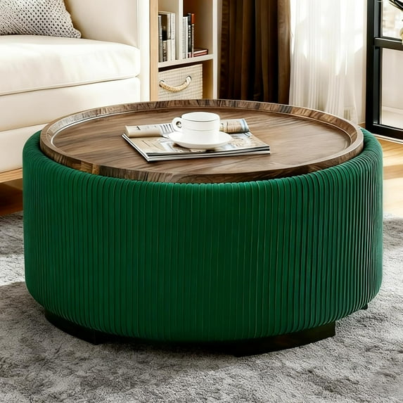 29.5-Inch Round Coffee Table Ottoman with Storage, Multi-Functional Storage Ottoman and Stylish Coffee Table, Flip-Top Tray and Hidden Stow, Suitable for Living Room, Bedroom(Green)
