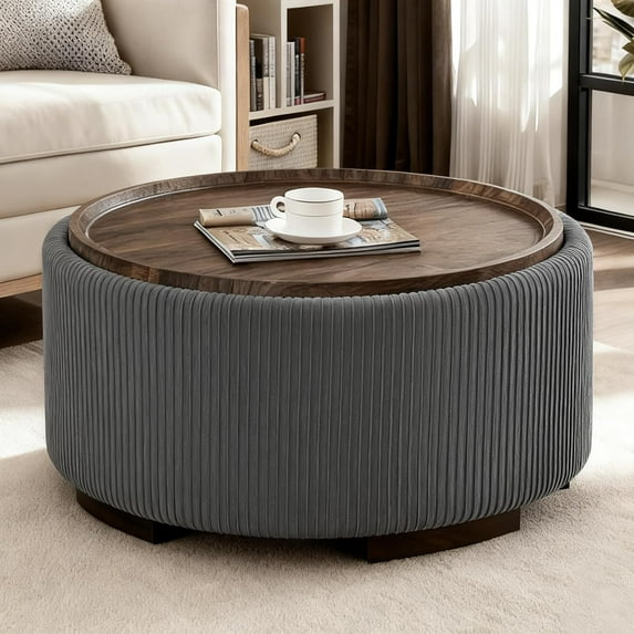 29.5-Inch Round Coffee Table Ottoman with Storage, Multi-Functional Storage Ottoman and Stylish Coffee Table, Flip-Top Tray and Hidden Stow, Suitable for Living Room, Bedroom (Grey)