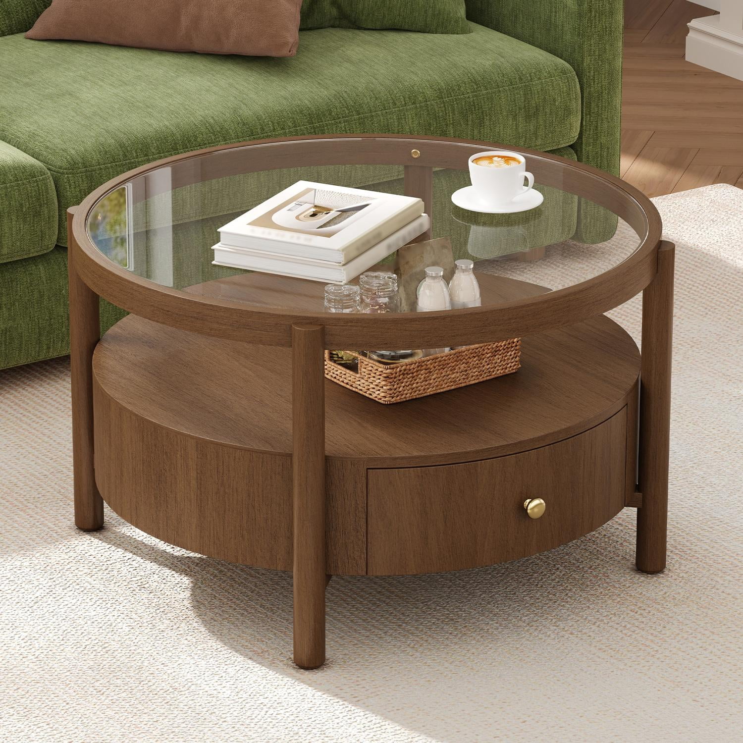 29.5-Inch Round Glass Top Coffee Table with Storage Drawer and 2-Tier Design, Mid-Century Modern Center Table and Cocktail Table for Living Room, Walnut