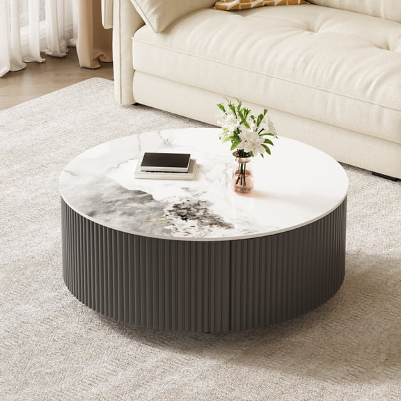 29.5 Inch Round Mobile Coffee Table with Casters, Sintered‑Stone Marble Pattern Top and 2 Storage Drawers, Modern Wooden Center Table for Living Room, White