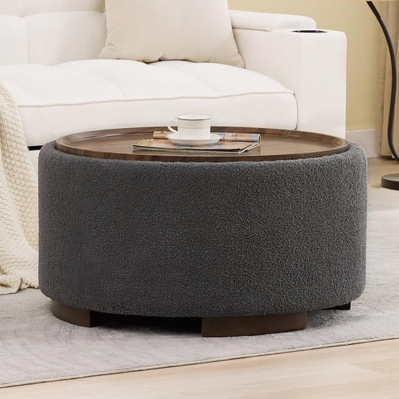 29.5 Inch Round Storage Ottoman Coffee Table,Modern Circle Coffee Table with Storage with Removable Lid Top and Solid Wood Legs,Large Round Ottoman for Bedroom,Living Room,Teddy Fleece,Grey