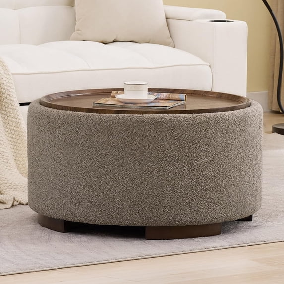 29.5 Inch Round Storage Ottoman Coffee Table,Modern Circle Coffee Table with Storage with Removable Lid Top and Solid Wood Legs,Large Round Ottoman for Bedroom,Living Room,Teddy Fleece,Brown