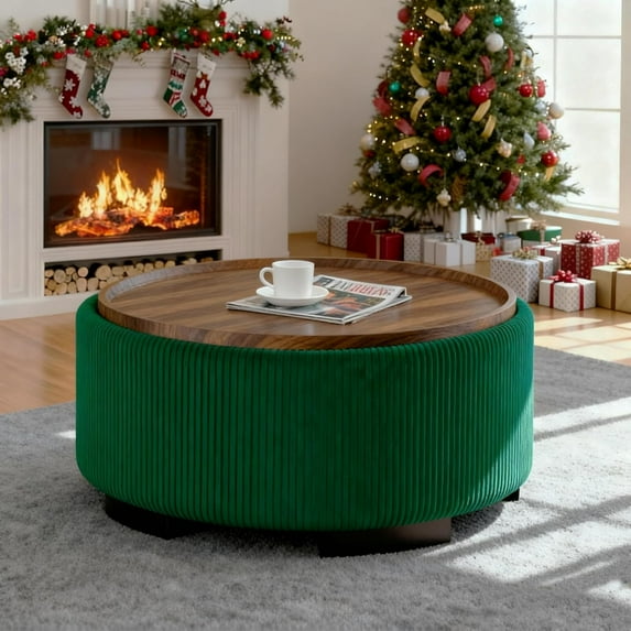 29.5 Inch Round Storage Ottoman Coffee Table,Modern Circle Coffee Table with Storage with Removable Lid Top and Solid Wood Legs,Large Round Ottoman for Bedroom,Living Room,Velvet,Green
