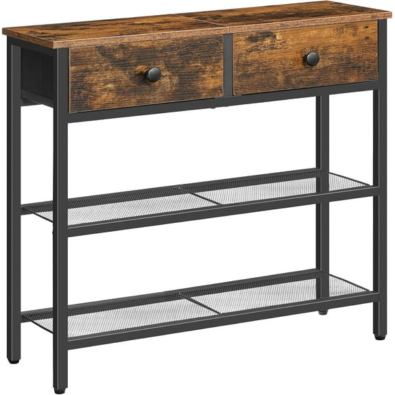 29.5" Narrow Console Table with 2 Fabric Drawers, Small Entryway Table with 3-Tier Storage Shelves, Thin Sofa Table, Side Table, for Living Room, Hallway, Rustic Brown and Black BF72XG01
