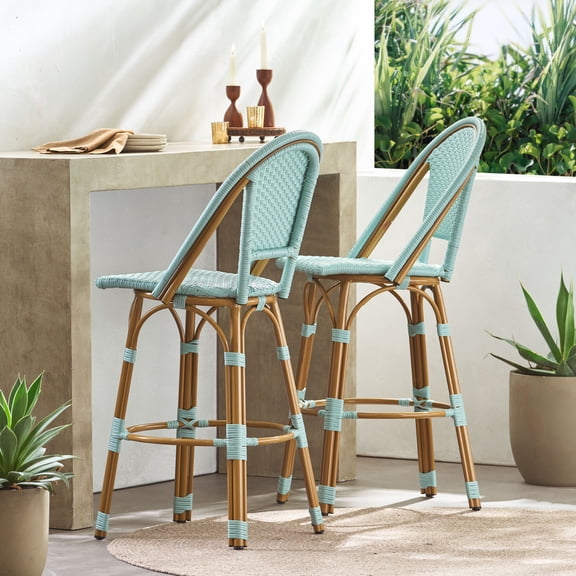 29.5" Outdoor PE Rattan and Aluminum French Barstools, Set of 2, Light Teal and Bamboo Finish