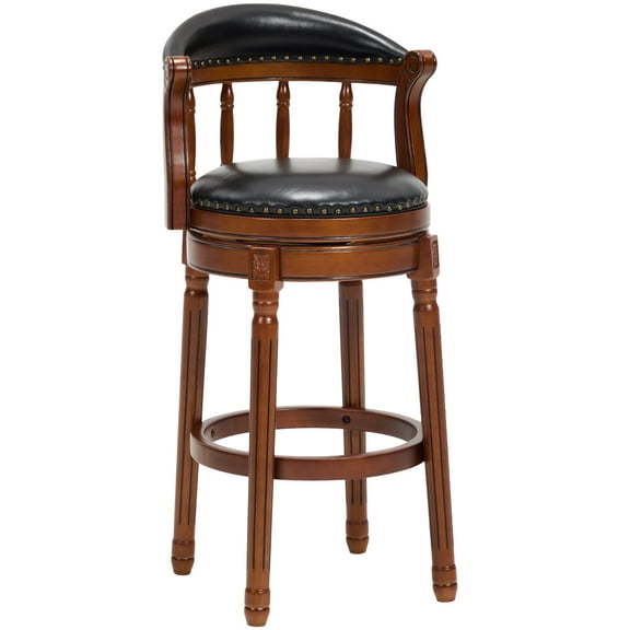 29.5'' Seat Height Black Cowhide Leather Swivel Bar Stool with Back, Comfortable Wood Frame & Legs for Kitchen Counter & Home Bar