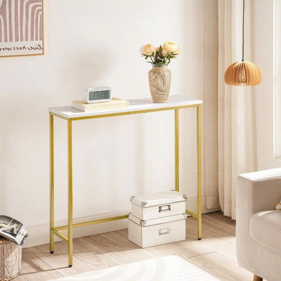 29.5" Slim Console Table - White & Gold Narrow Entryway Table, Thin Sofa Side Table for Hallway, Living Room, Foyer & Bedroom