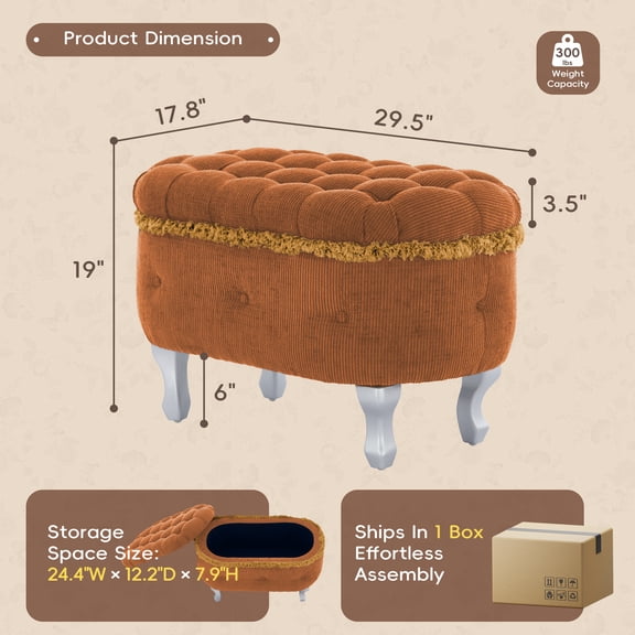 29.5'' Storage Benches, End of Bed Bench with Button-Tufted, Fabric Upholstered Storage Ottoman, Window Bench with Fringe, Shoe Cabinet Bench, Footboard Bench for Bedroom, Entryway, Cloakroom,Orange