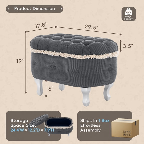 29.5'' Storage Benches, End of Bed Bench with Button-Tufted, Fabric Upholstered Storage Ottoman, Window Bench with Fringe, Shoe Cabinet Bench, Footboard Bench for Bedroom, Entryway, Cloakroom,Grey