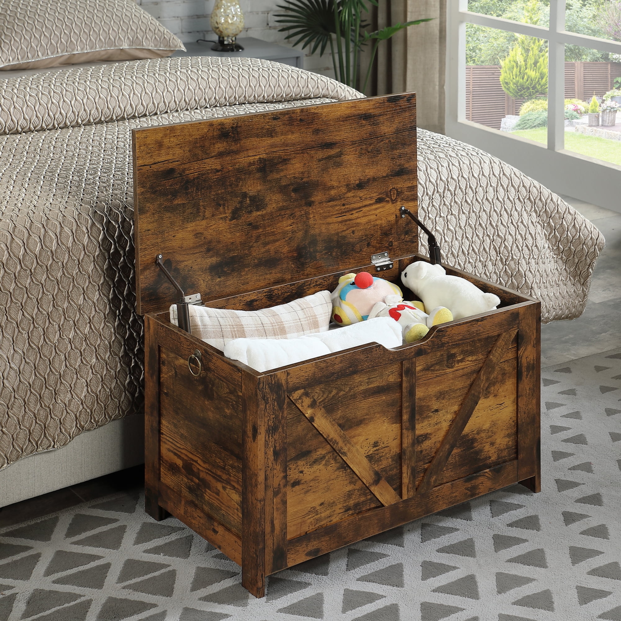 29.5" Storage Ottoman Bench,Storage Chest,Wooden Toy Box Organizer,Entryway Storage Bench with Safety Hinge for Entryway, Bedroom, Living Room,Rustic Brown