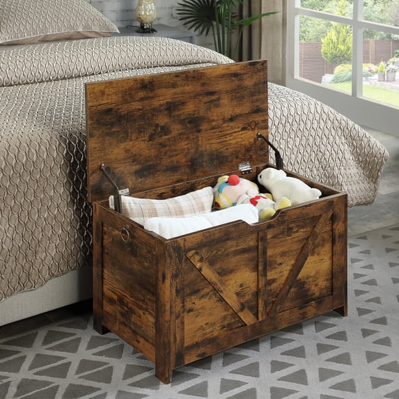 29.5" Storage Ottoman Bench,Storage Chest,Wooden Toy Box Organizer,Entryway Storage Bench with Safety Hinge for Entryway, Bedroom, Living Room,Rustic Brown