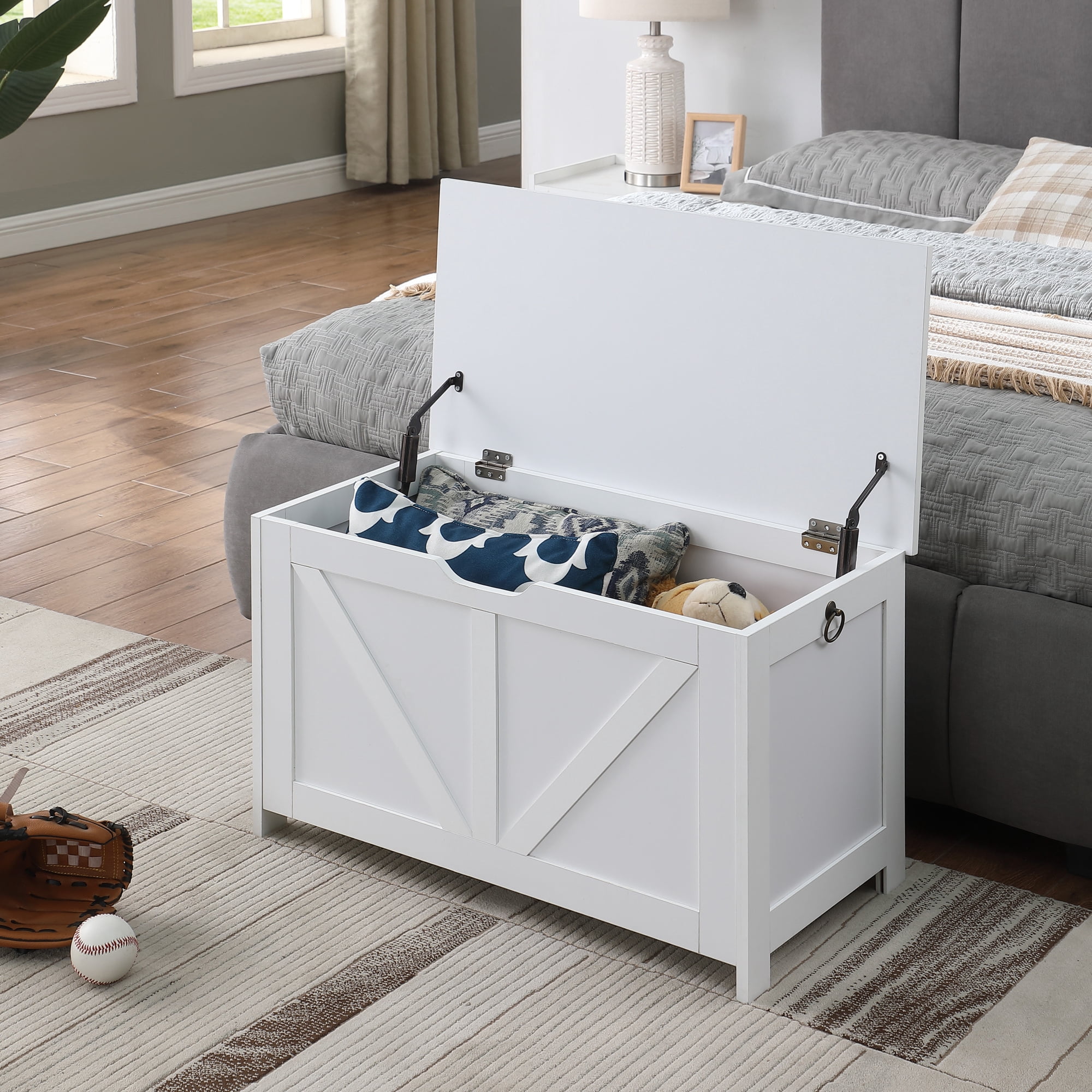 29.5" Storage Ottoman Bench,Storage Chest,Wooden Toy Box Organizer,Entryway Storage Bench with Safety Hinge for Entryway, Bedroom, Living Room,White