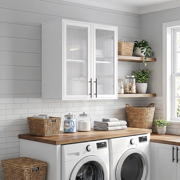 29.5" W Wall Cabinets for Laundry Room, Wall Cabinet with Acrylic Glass Doors, Upper Storage for Laundry Room/Bathroom/ Kitchen, White