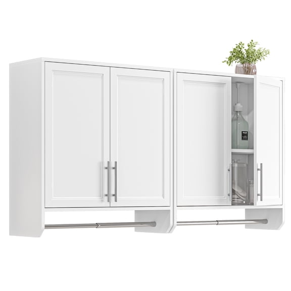29.5" Wall Cabinet with Towel Bar and Adjustable Shelf, Laundry Room Cabinets Wall Mounted, Bathroom Wall Cabinet, Shaker Door, White, Set of 2