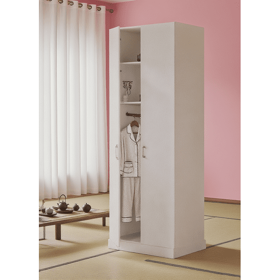 29.5" White Wardrobe Cabinet with Hanging Rod & Shelf  Michael Double Door Storage Armoire for Small Spaces  Easy Assembly