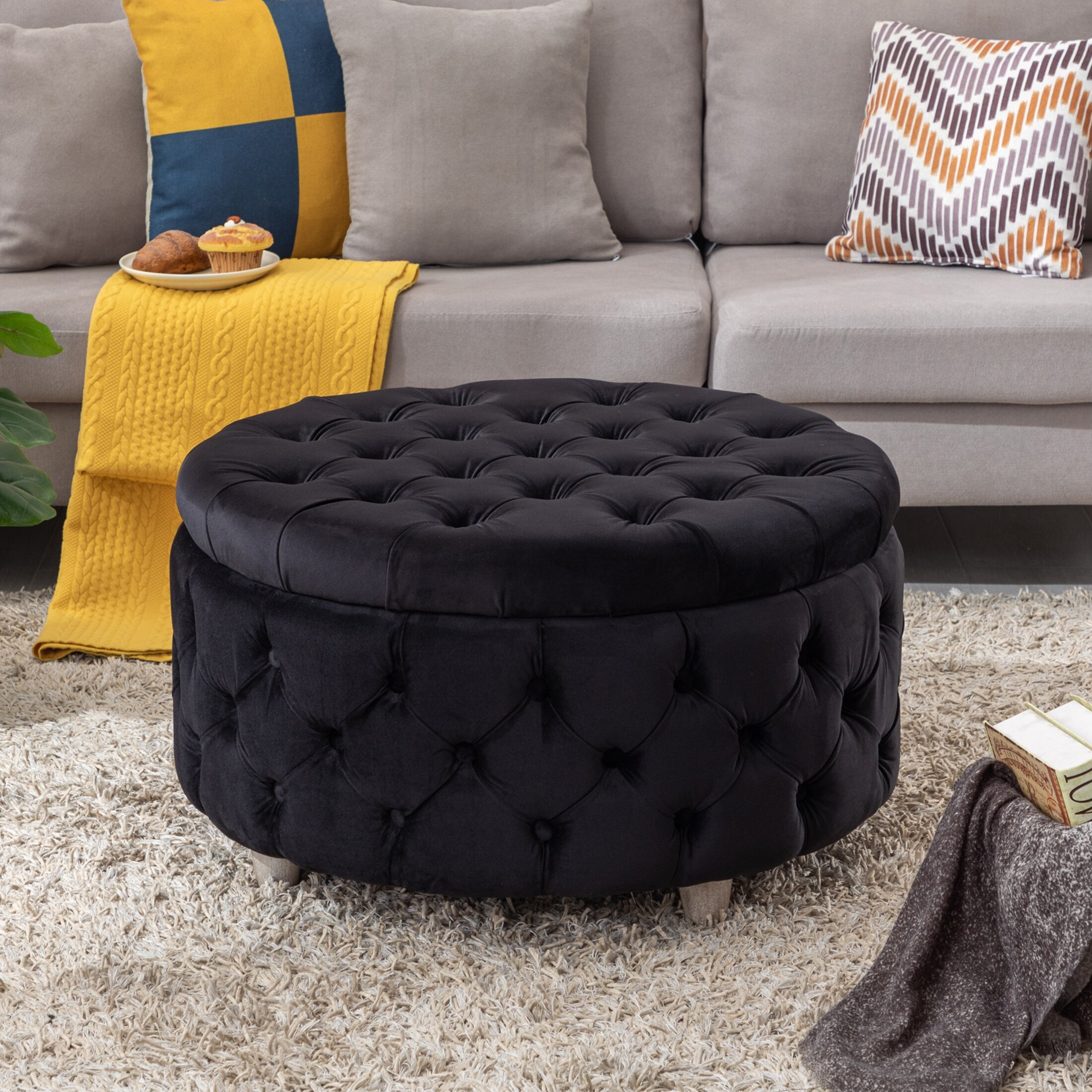 29.5" Wide Velvet Tufted Round Ottoman With Storage Black - Walmart.com
