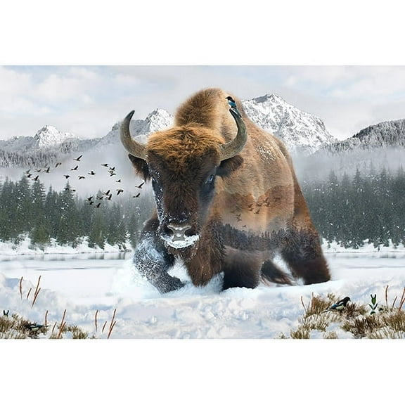 29.5" X 44" Panel Bison Buffalo Mountains Scenic Landscape Wildlife Animals Call of the Wild Cotton Fabric Panel (W5376-555-BISON)
