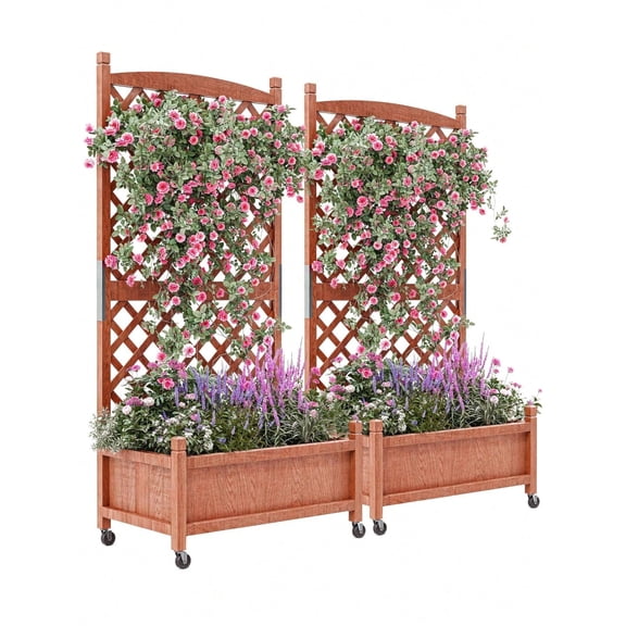 29.5"X13"X61.5" Wooden Planter Box With Trellis & Locking Wheels - Elevated Garden Bed With Drainage For Plants/Flowers - Easy Assembly For Yard, Balcony Or Indoor Gardening, 2 PCS