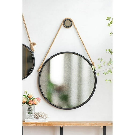 29.5" in On-trend Hanging Round Mirror with Black Framed and with Rope Strap Contemporary Industrial