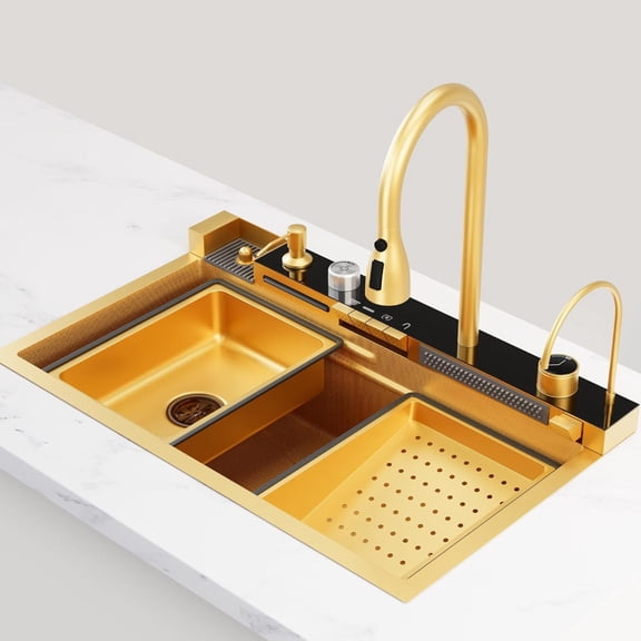 29.5 x 17.7 Inch Gold 304 Stainless Steel Smart Waterfall Kitchen Sink Set with Pull-down Faucet, Drain Basket, Inside-Basin, and Cutting Board