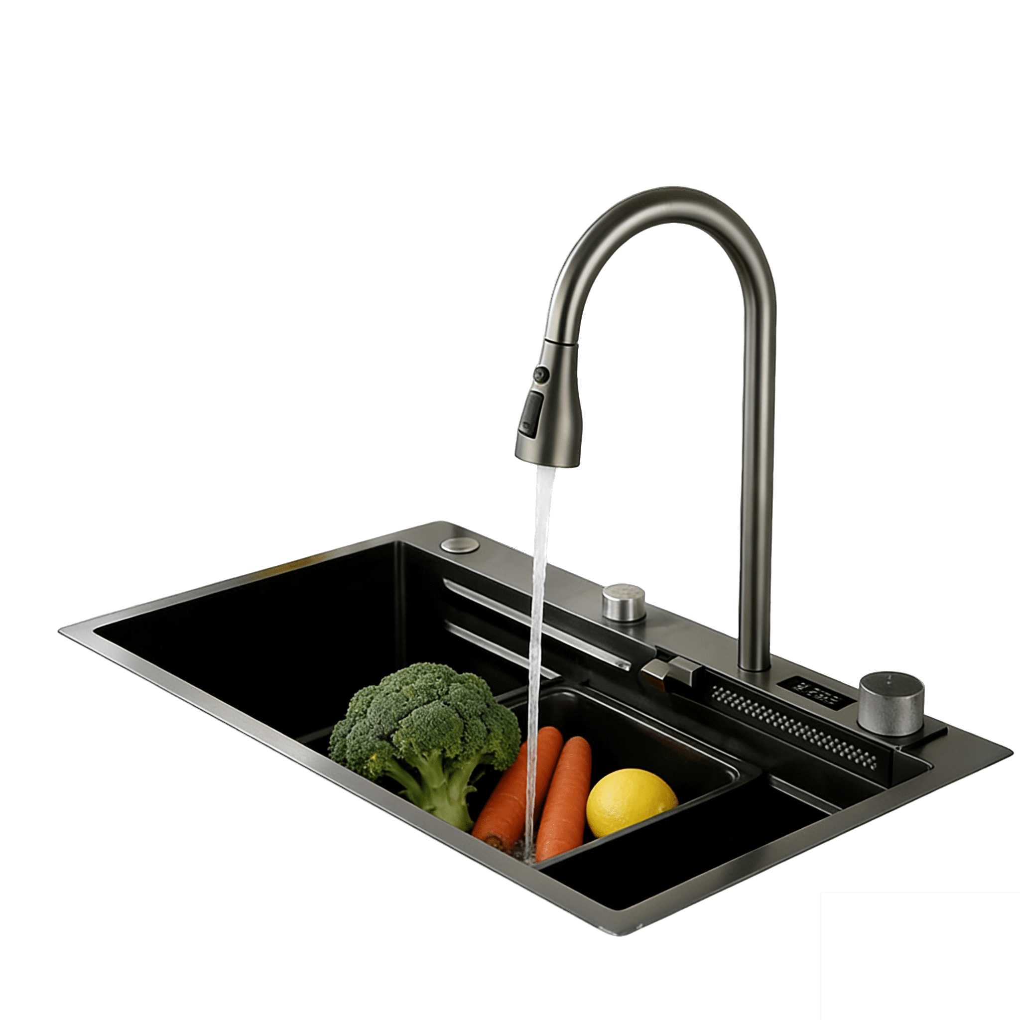 29.5 x 177 Inch Nano-Coated Black Stainless Steel Raindance Waterfall Kitchen Sink | Smart Workstation with Pull-Out Faucet & Auto-Drain | Drop-in/Undermount Design