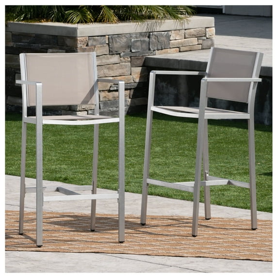 29.50" Barstools with Silver Rust-Proof Aluminum Frame, Grey Mesh, Set of 2 No + Silver + Rust Resistant Frame + 2 Person Seating Group + Aluminium,Mesh