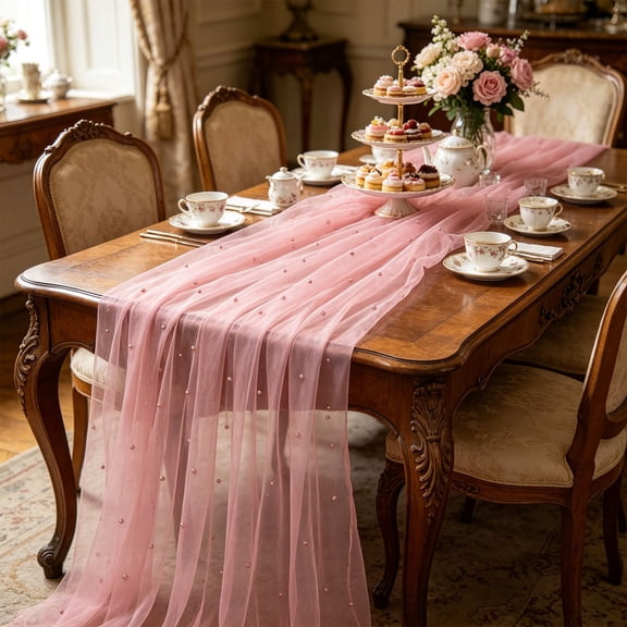 29.52x118.11 Inch Pearl Sheer Table Runner, Elegant Wedding Party Drape, Transparent Fabric Decor Cloth, Event Backdrop Ornament for Dining Room Home Banquet Layout