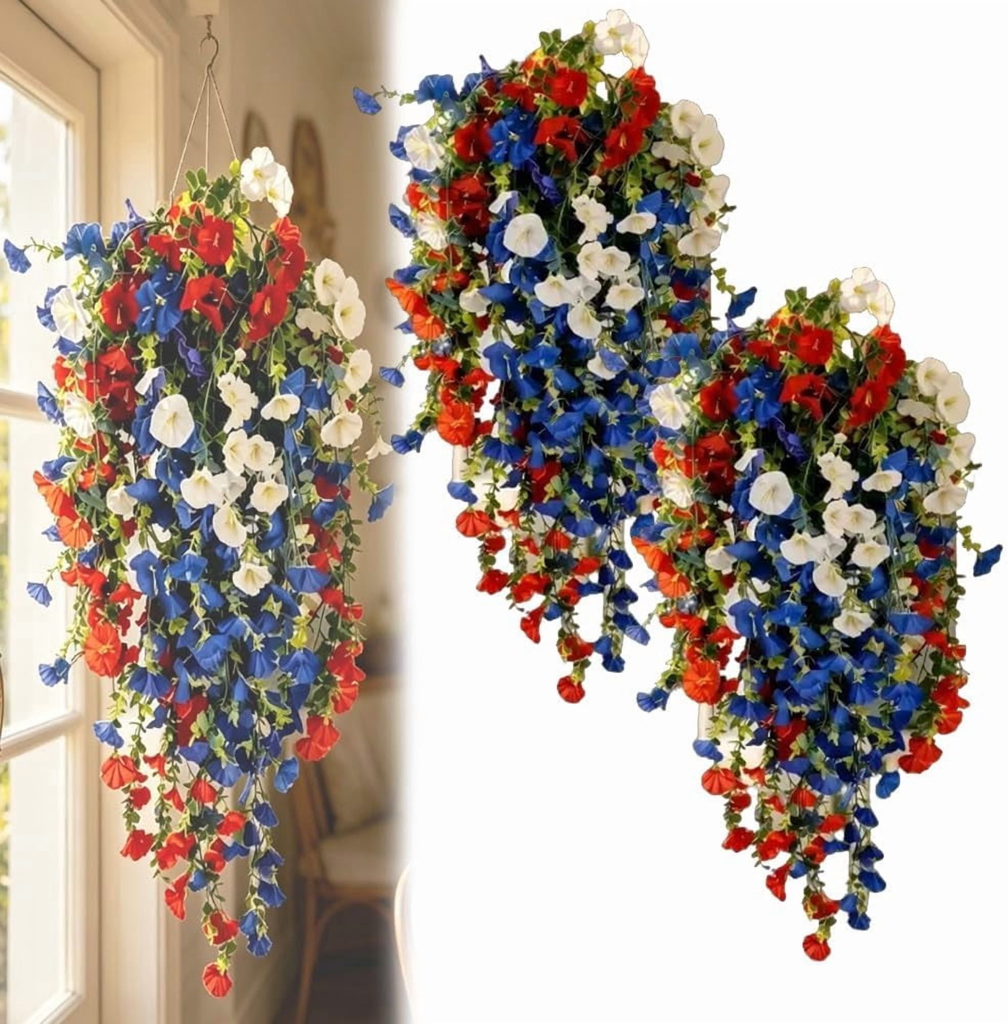29.53'' Artificial Hanging Baskets with Red White and Blue Flowers, Artificial Flowers, Flower Basket, Hanging Plant for Home Porch Patio Garden Balcony Yard Decor(2pcs)
