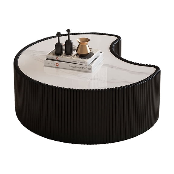29.53" Black Round Coffee Table, Drum Coffee Table with Sintered Stone Tabletop and Fluted PU Leather Covered and Stable Base, Circle Cocktail Tea Table for Living Room