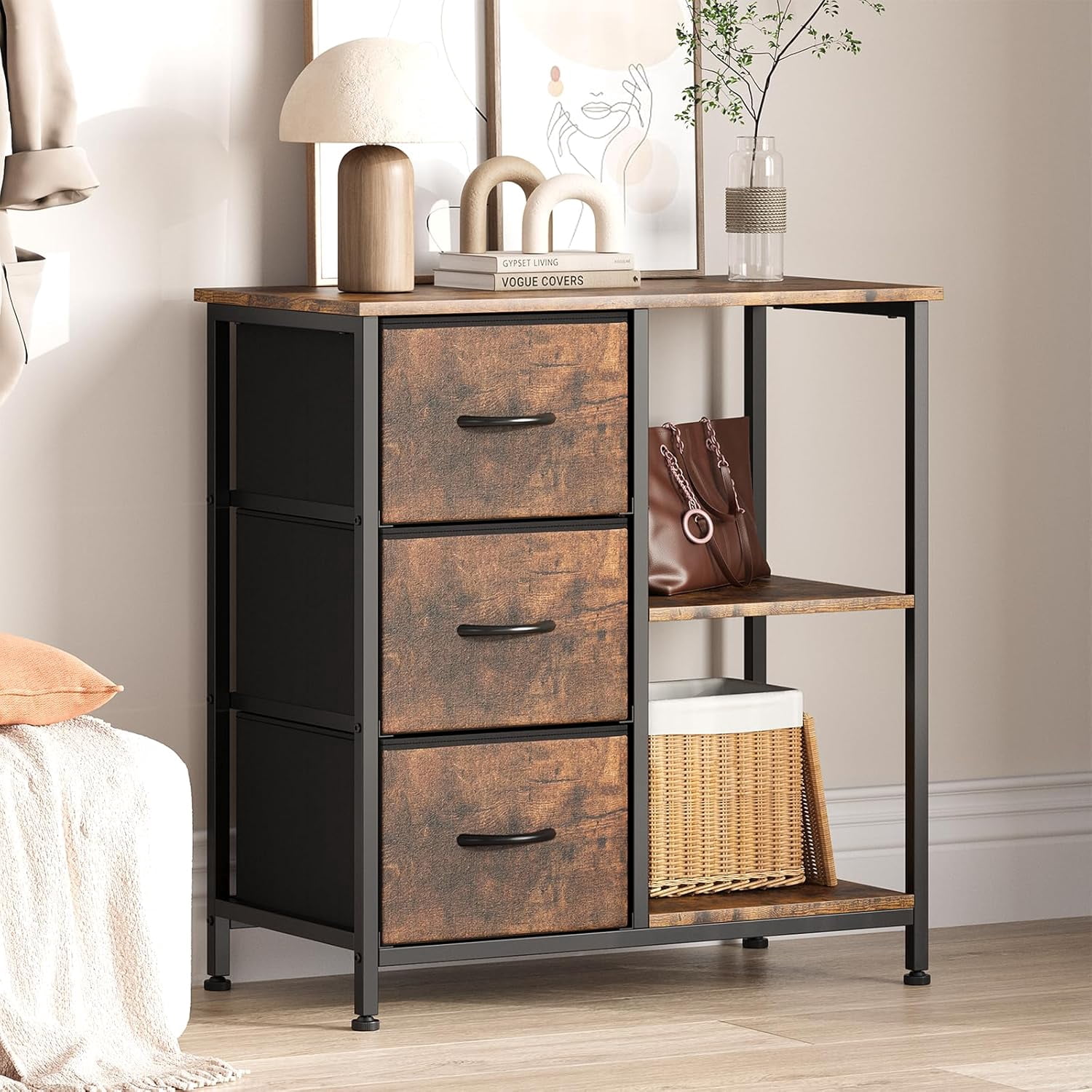 29.53 Inch File Cabinet with 3 Drawers & 2 Open Storage Shelves,Under Desk Filing Cabinet,Fabric Office Organizer for Home Office,Printer Stand