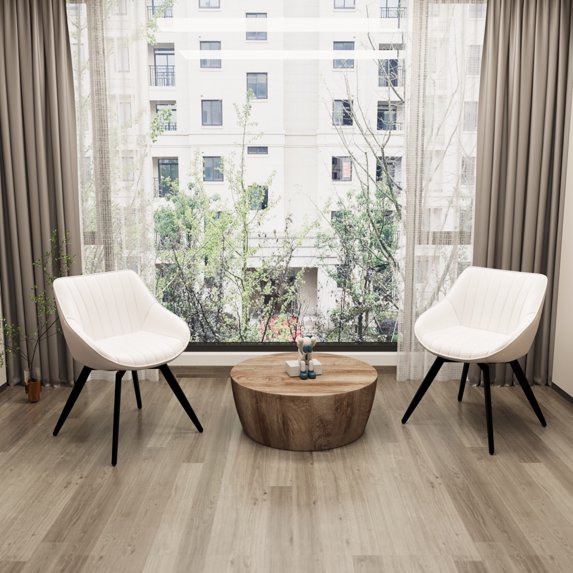 29.53 Inch Round MDF Coffee Table and 2 PU Leather Dining Chair Set, Drum Shape Table for Kitchen, Living Room, Small Space