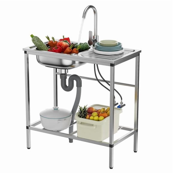 29.53" Stainless Steel Utility Sink, Outdoor Freestanding Sink with Storage Shelf & Faucet Set