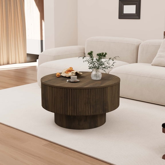 29.53" Walnut MDF Round Coffee Table with Stripe Design & Storage for Home