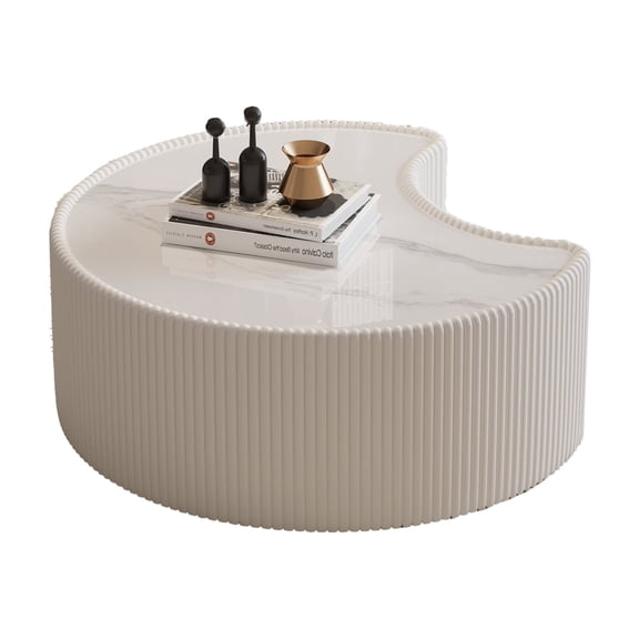 29.53" White Round Coffee Table, Drum Coffee Table with Sintered Stone Tabletop and Fluted PU Leather Covered and Stable Base, Circle Cocktail Tea Table for Living Room