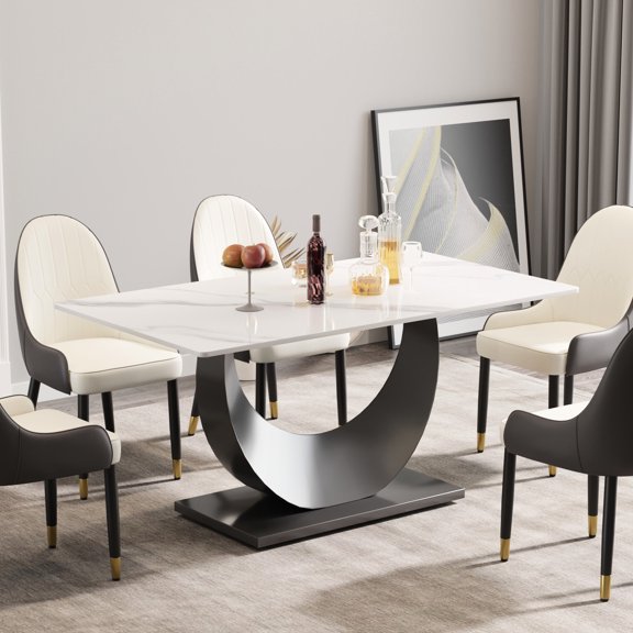 29.53" high white sintered stone table - stable crescent base design - 6 - 8 people dining - no radiation direct food contact