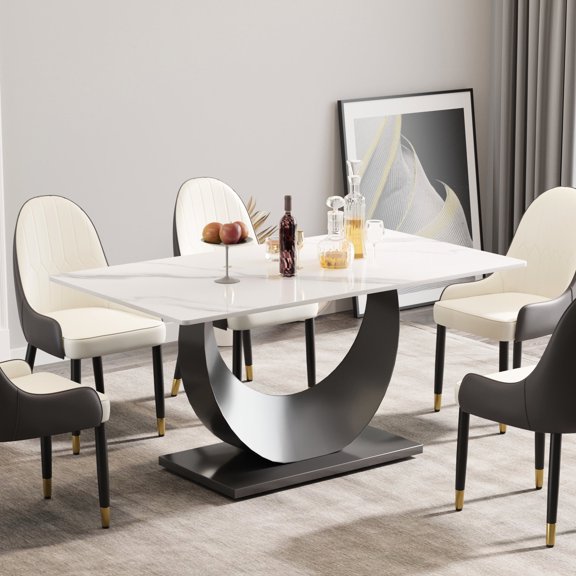 29.53" high white sintered stone table - stable crescent base design - 6 - 8 people dining - no radiation direct food contact