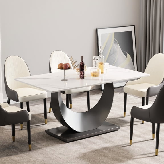 29.53" high white sintered table - stable crescent base - 6 - 8 people dining - oil and liquid impermeable desktop
