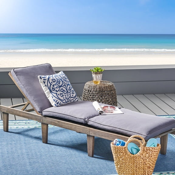 29.59 Inches Tall Wooden Chaise With Dark Grey Seat Pad - Stylish Relaxation Garden Chair Frame And Cushion Enhance Your
