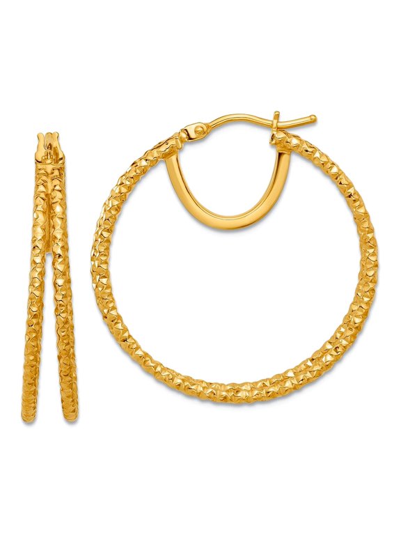 14k Solid Yellow Gold Polished and Textured Double Circle Hoop Earrings 29.6x29.5mm Wide 5.5mm Thick Hoop Earring for Wo