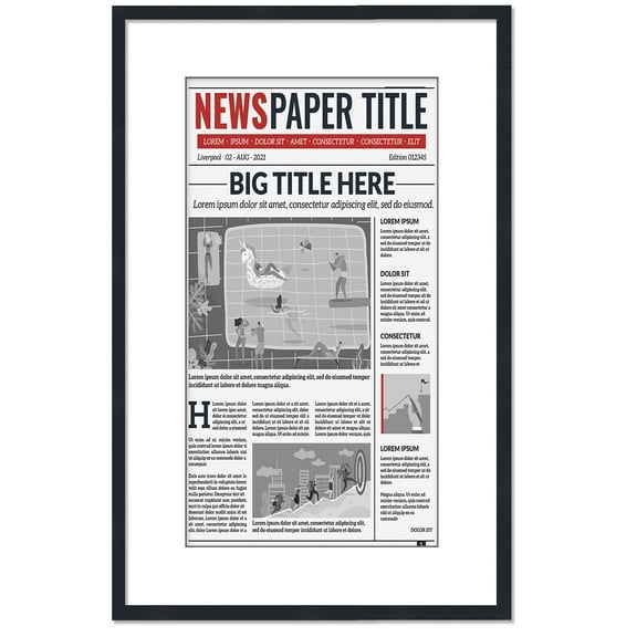 29.5x23.5 Newspaper Frame With Mat Solid Wood - Matte Black Finish - Matches Any Decor - Size