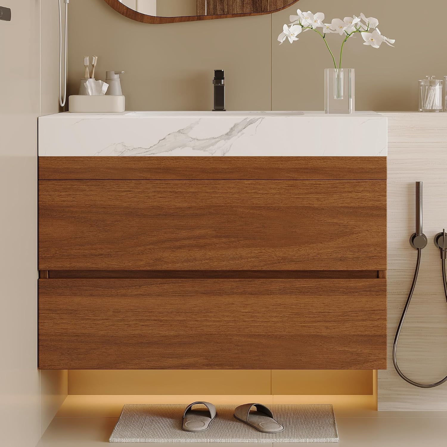 29.9" Modern Floating Bathroom Vanity with Ceramic Sink and Faux Marble Countertop, Wall-Mounted Bathroom Sink Cabinet with 2 Soft Closing Drawers for Bathroom, Powder Room, Apartment, Walnut+White