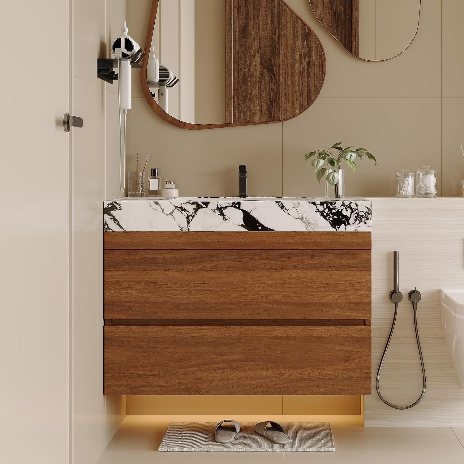 29.9" Modern Floating Bathroom Vanity with Faux Marble Countertop and Ceramic Sink, Wall-Mounted Bathroom Vanity Cabinet with 2 Soft Closing Drawers for Bathroom, Powder Room, Apartment, Walnut