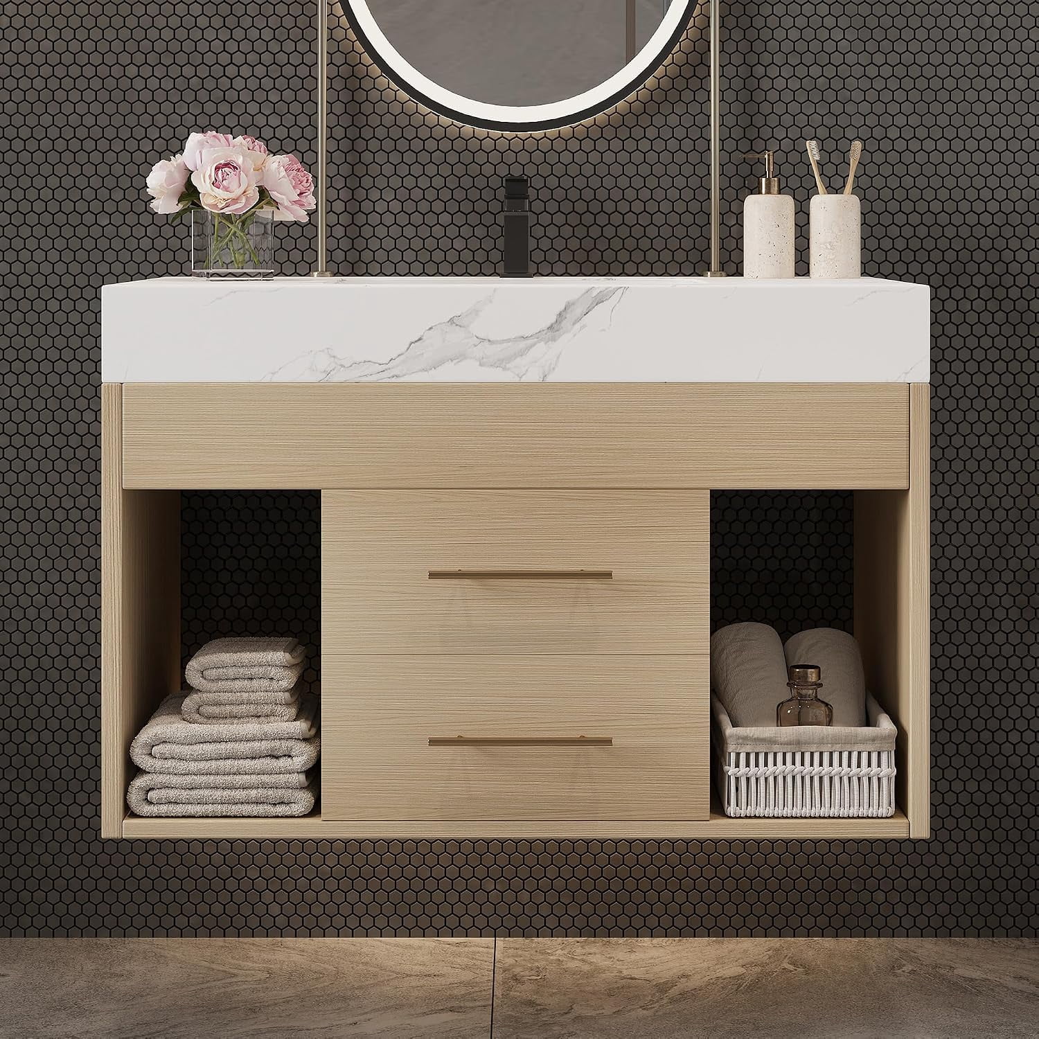 29.9" Modern Floating Bathroom Vanity with Sink, Wall Mounted Bathroom Cabinet with Undermount Ceramic Sink, Sintered Stone Countertop, 2 Soft Closing Drawers & Open Storage Shelf, White+Wood