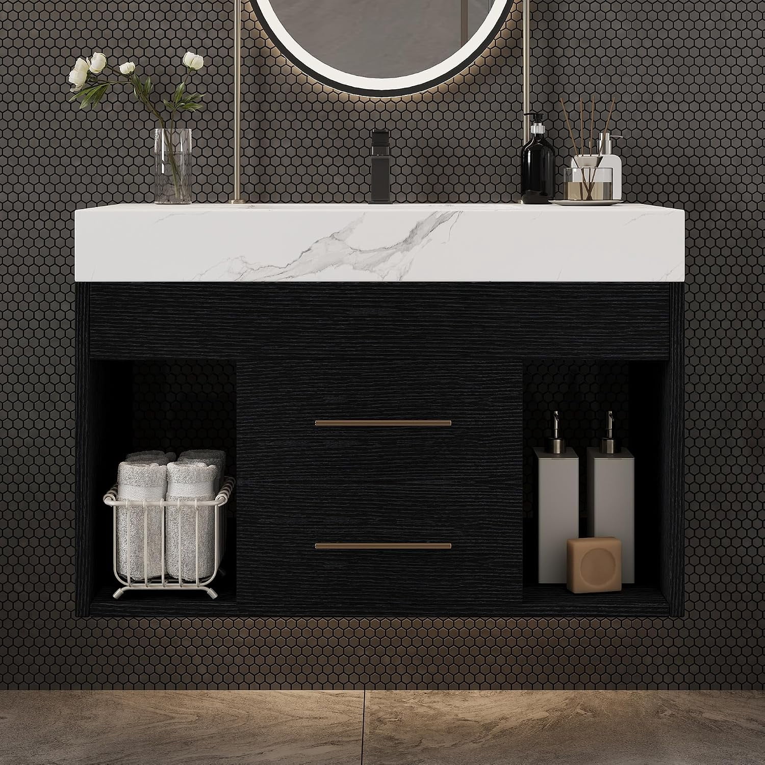 29.9" Modern Floating Bathroom Vanity with Sink, Wall Mounted Bathroom Cabinet with Undermount Ceramic Sink, Sintered Stone Countertop, 2 Soft Closing Drawers & Open Storage Shelf, Black+White