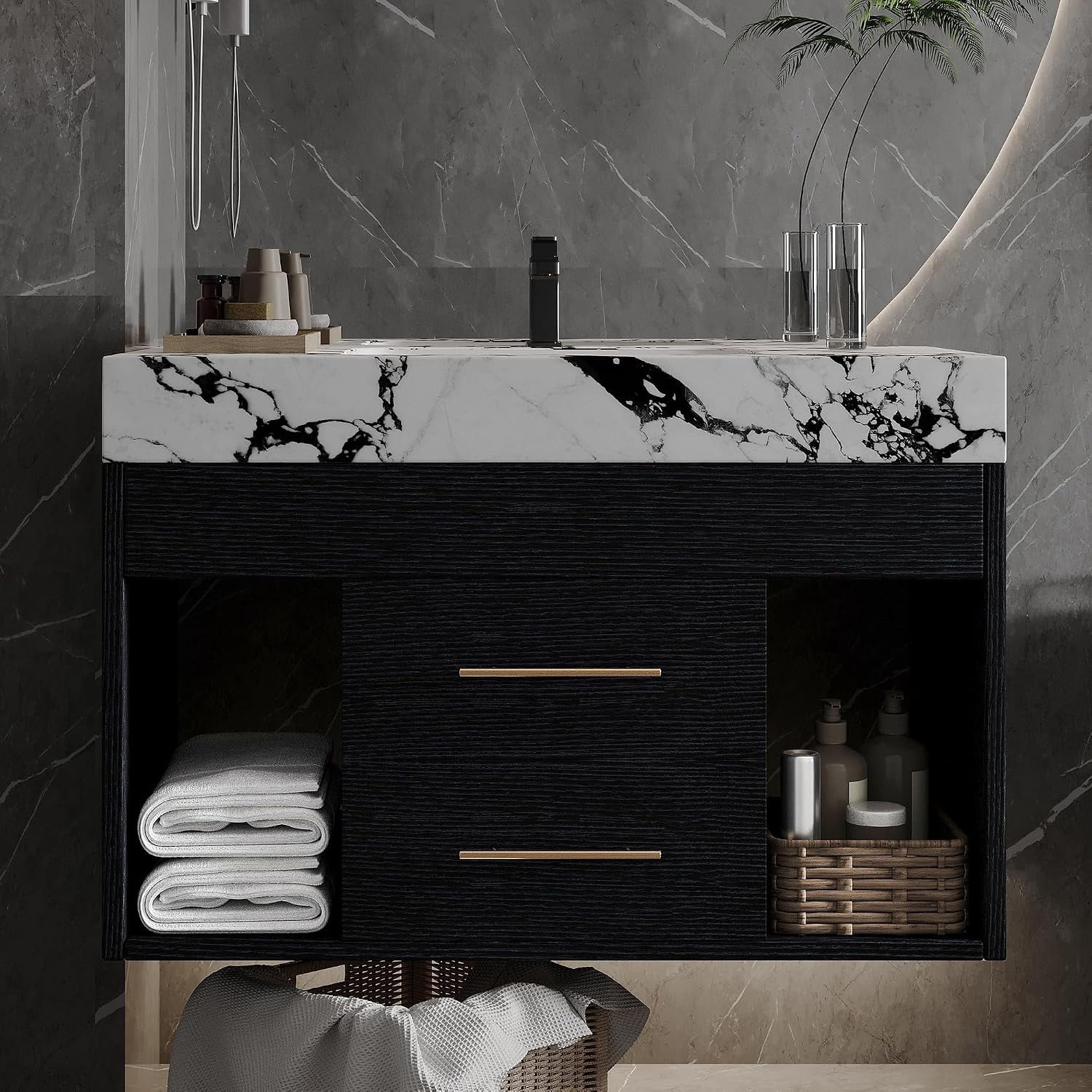 29.9" Modern Floating Bathroom Vanity with Sintered Stone Top Ceramic Undermount Sink, Wall-Mounted Bathroom Vanity Cabinet with 2 Soft Closing Drawers, Open Storage Shelf, Bronze Handles, Black